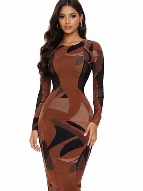 House of CB Brown & Black Abstract Long Sleeve Bodycon Dress $63 Like New